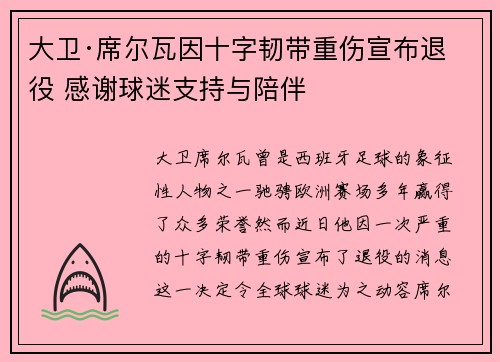 大卫·席尔瓦因十字韧带重伤宣布退役 感谢球迷支持与陪伴 大卫·席尔瓦因十字韧带重伤宣布退役 感谢球迷支持与陪伴
